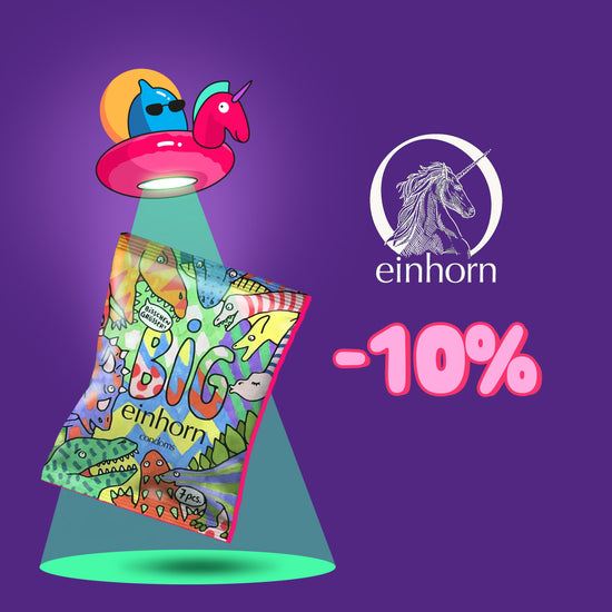 Promotional banner on a purple background offering a 10% discount on Einhorn products, featuring a whimsical UFO beaming down a colorful dinosaur-patterned pack of Einhorn Big Condoms alongside the white Einhorn logo.