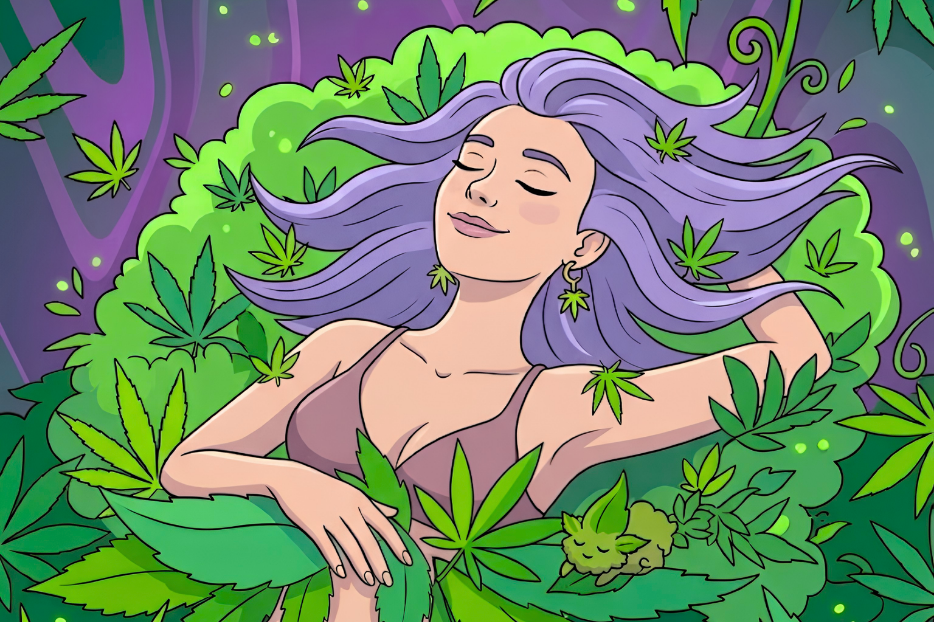 Illustrated image of a relaxed woman with flowing purple hair lying among large green CBD leaves, with a dreamy forest-like background.