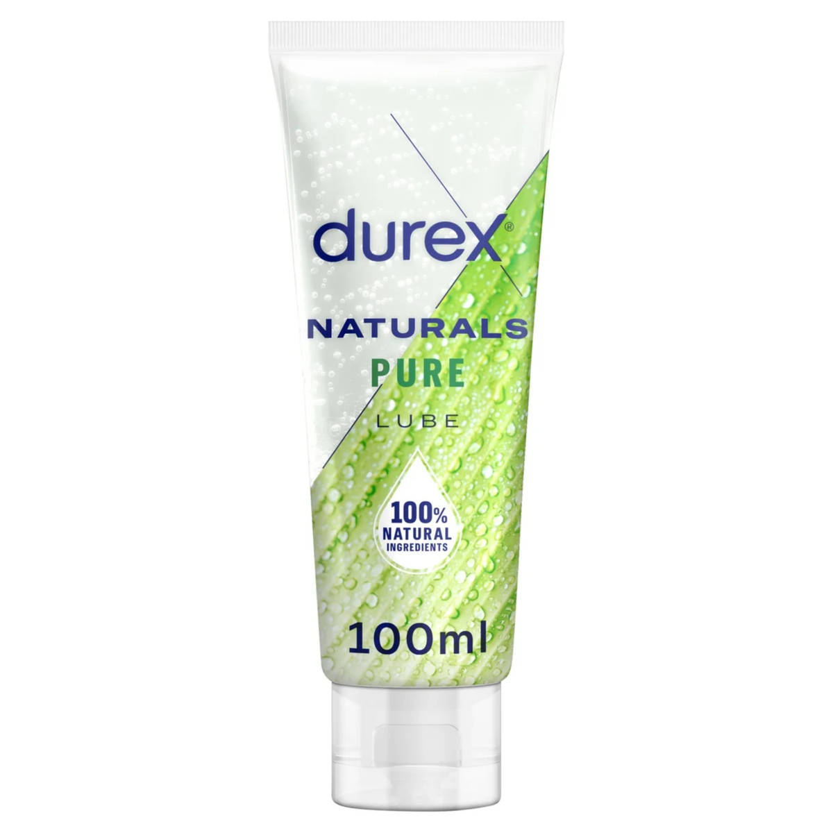 An image of a 100ml tube of Durex Naturals Pure Lube. The tube is white with a vibrant green leaf graphic covered in water droplets. The text highlights '100% Natural Ingredients' inside a water droplet icon.
