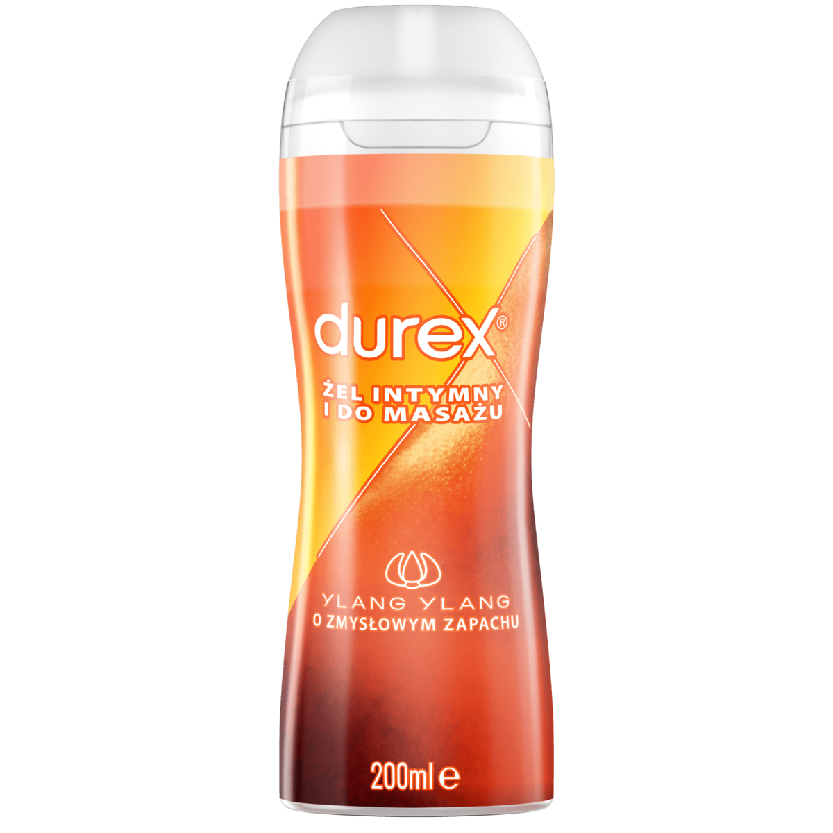 A front-facing image of a 200ml bottle of Durex Massage Lube. The bottle has an ergonomic, curved shape with a translucent orange and red label featuring an 'X' design. The text identifies the scent as 'Ylang Ylang' and describes it in Polish as a gel for both intimate use and massage. Main image