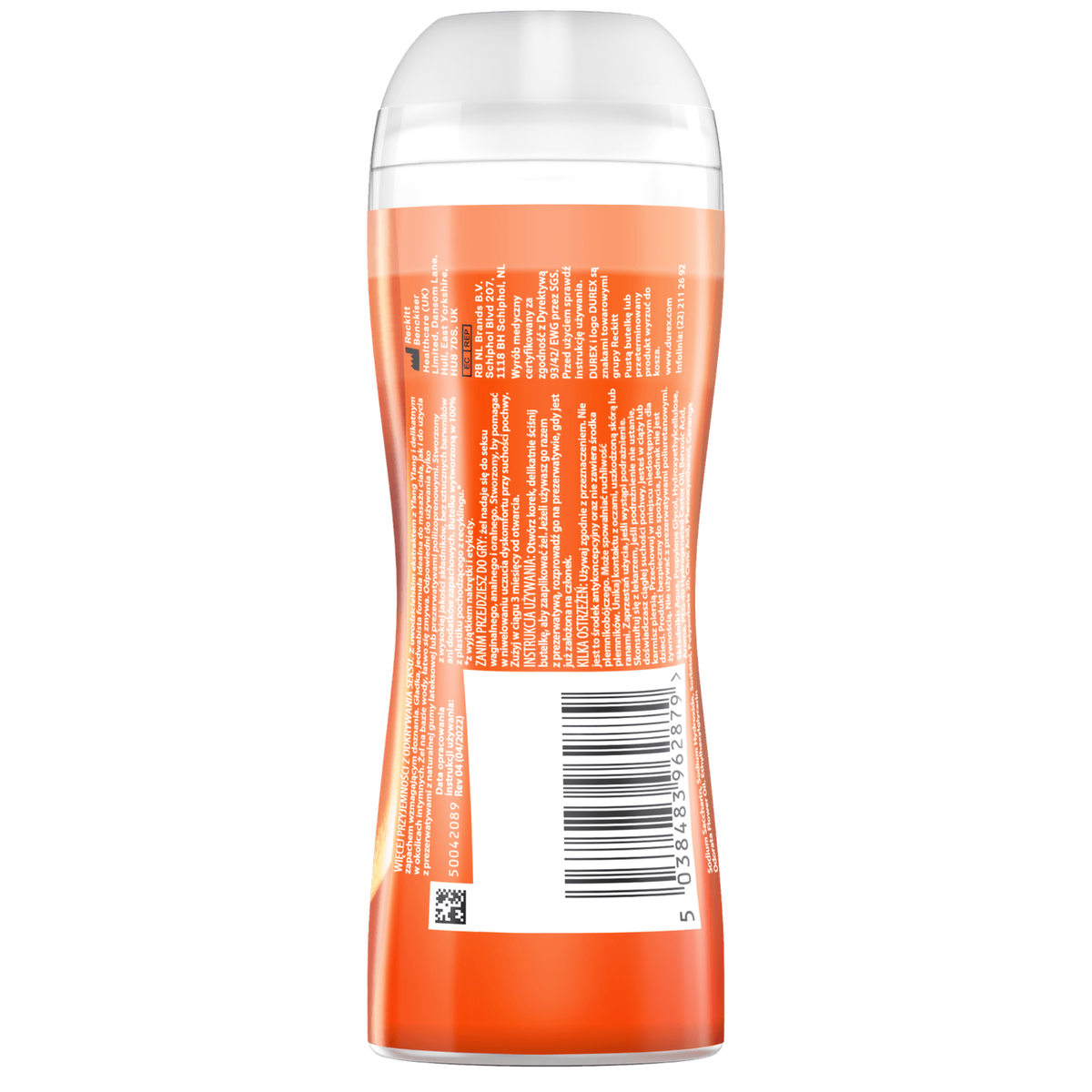 A back-facing image of a 200ml bottle of Durex Massage Lube. The bottle has an ergonomic, curved shape with a translucent orange and red label featuring an 'X' design. The text identifies the scent as 'Ylang Ylang' and describes it in Polish as a gel for both intimate use and massage.