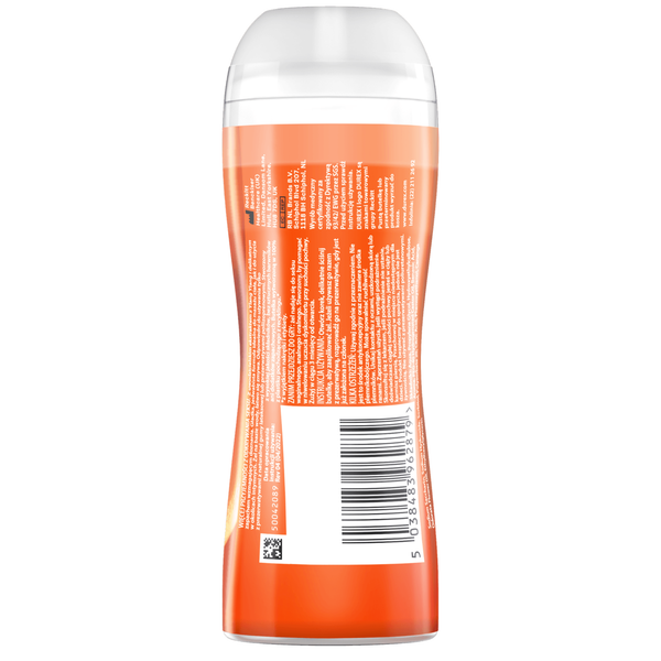 A back-facing image of a 200ml bottle of Durex Massage Lube. The bottle has an ergonomic, curved shape with a translucent orange and red label featuring an 'X' design. The text identifies the scent as 'Ylang Ylang' and describes it in Polish as a gel for both intimate use and massage.