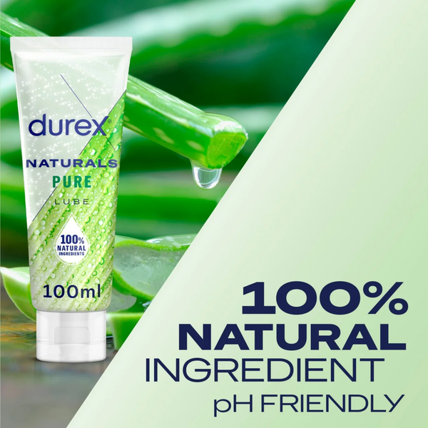 Product advertisement for Durex Naturals Pure Lube featuring an aloe vera leaf with a clear gel droplet. Large navy text on the right reads '100% Natural Ingredient' and 'pH Friendly' against a soft green background.