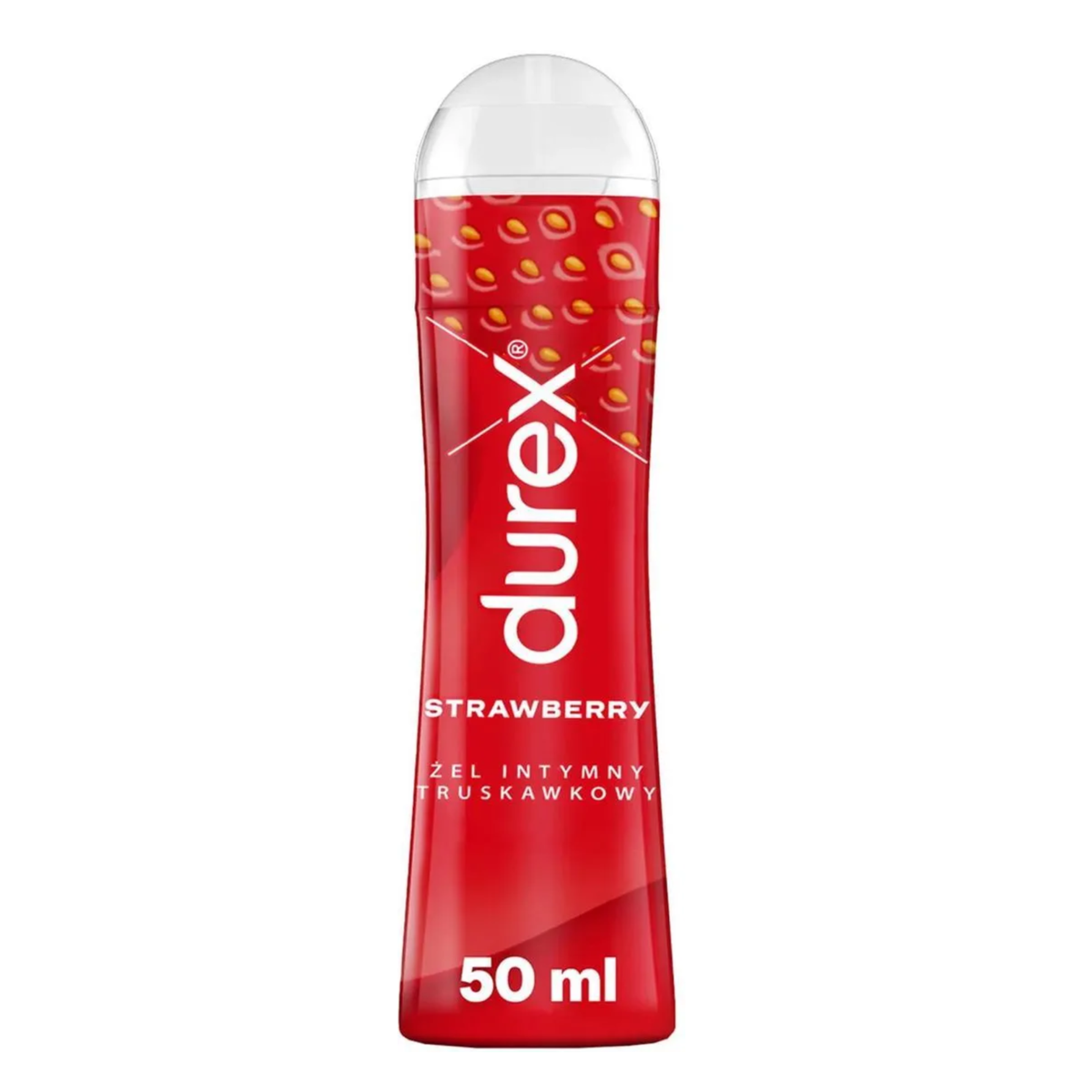 A product shot of a red 50ml bottle of Durex Strawberry lube. The bottle features the Durex logo, the word "STRAWBERRY". Main image