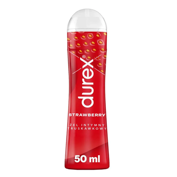 A product shot of a red 50ml bottle of Durex Strawberry lube. The bottle features the Durex logo, the word "STRAWBERRY".