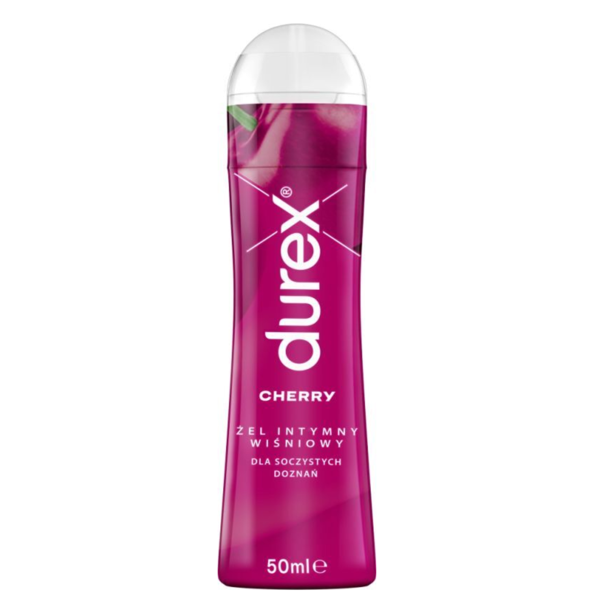 A product shot of a pink 50ml Durex Cherry Lube bottle on a white background, featuring the Durex logo and text in English and Polish. Main image