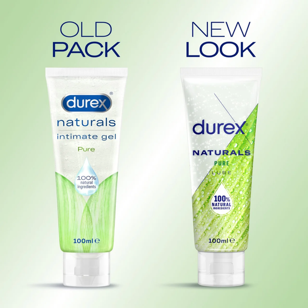 A side-by-side comparison titled 'Old Pack' vs 'New Look' of Durex Natural lube. The old packaging features a softer, centered leaf design, while the new packaging has a more modern, diagonal green leaf graphic with bolder 'Naturals Pure' branding.