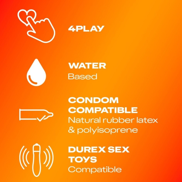 A graphic featuring four white icons on an orange-to-red gradient background: a heart and hand for '4PLAY,' a water droplet for 'Water Based,' a condom icon for compatibility with 'Natural rubber latex & polyisoprene,' and a toy icon for 'Durex Sex Toys Compatible'.