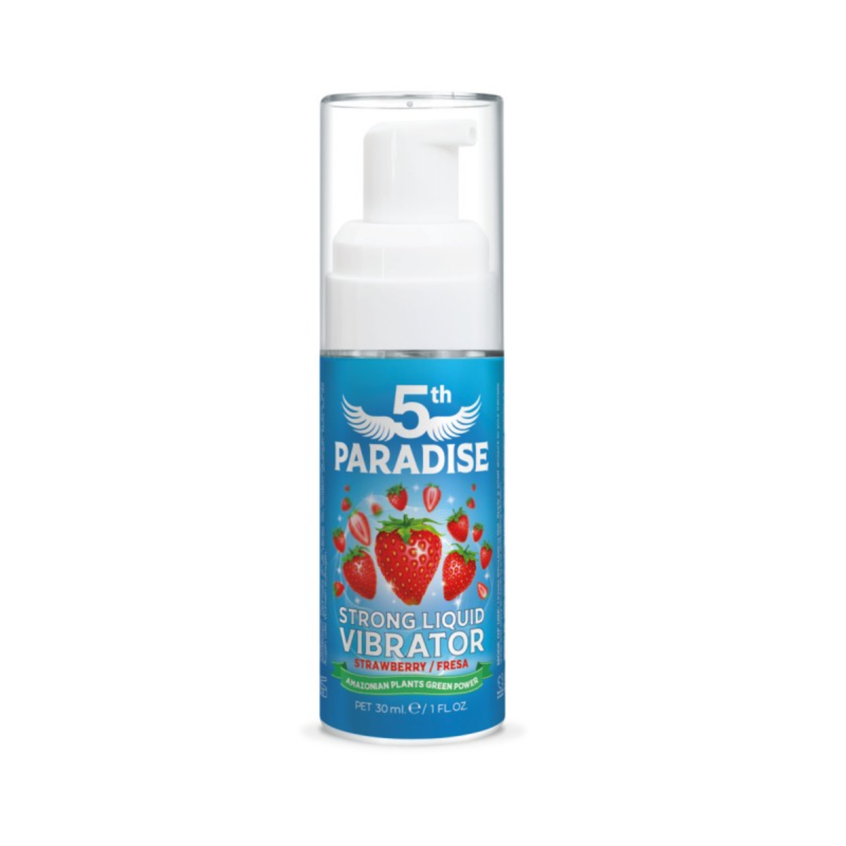 Front studio product shot displaying the 30 ml blue bottle of 5th Paradise Strong Liquid Vibrator Strawberry featuring graphics of fresh strawberries, a white pump dispenser, and a clear protective cap. Main image