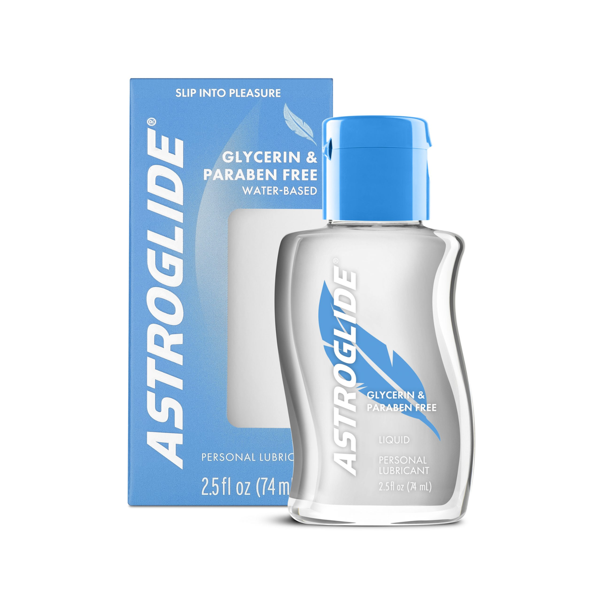 The Astroglide Glycerin & Paraben Free Water-Based Liquid bottle next to its light blue retail box, 2.5 fl oz (74 mL). Main image
