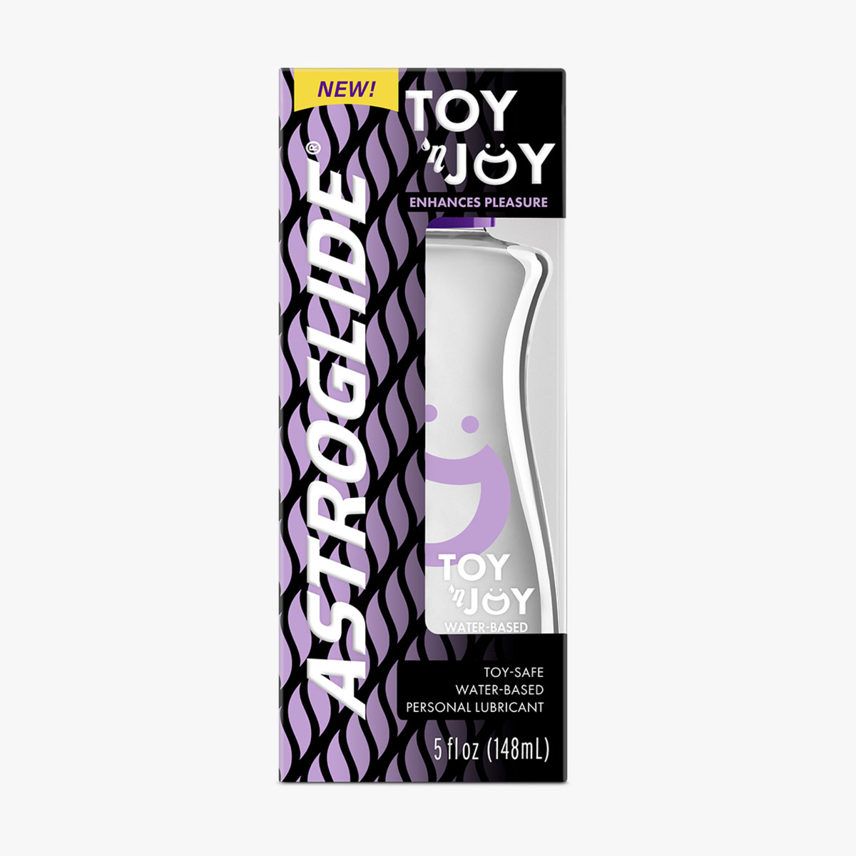 Retail packaging for Astroglide Toy 'N Joy Water-Based Personal Lubricant, 5 fl oz (148mL), with purple and black chevron design.