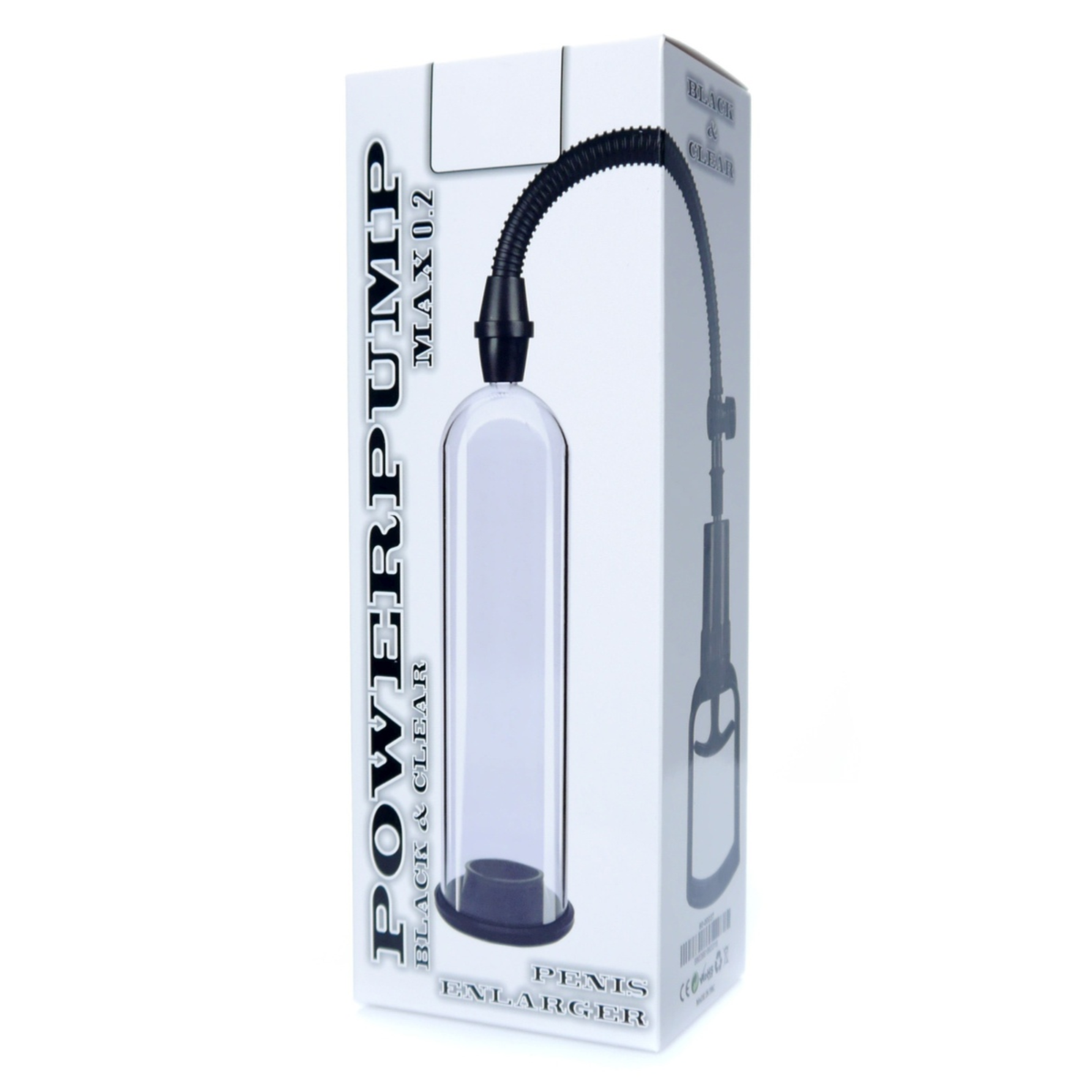 Front studio photo of the product packaging box featuring "POWERPUMP MAX 0.2 BLACK & CLEAR" branding and product imagery. Main image