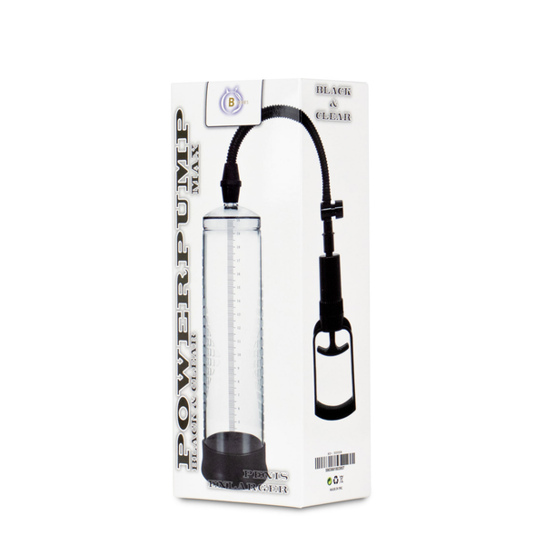 Front packaging shot displaying the white box with "POWERPUMP MAX BLACK & CLEAR PENIS ENLARGER" text and an image of the clear cylinder with black squeeze pump.