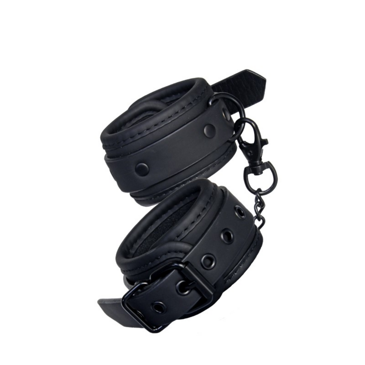 A pair of black, padded handcuffs connected by a quick-release clasp and short chain, floating diagonally.
