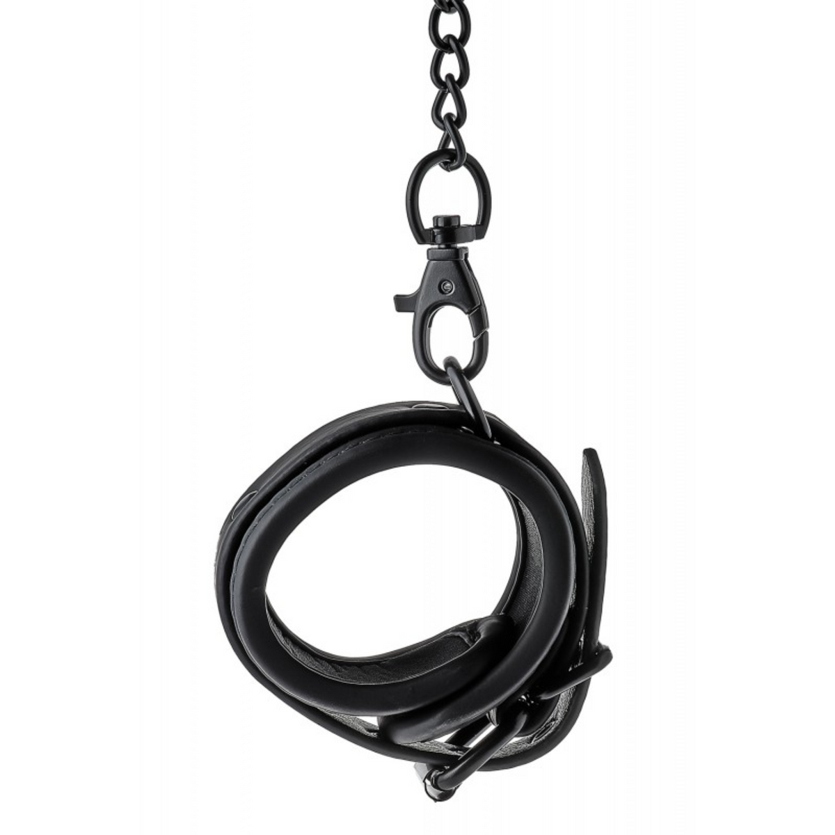 A single black, padded cuff rolled up and hanging from a chain with a quick-release clasp.