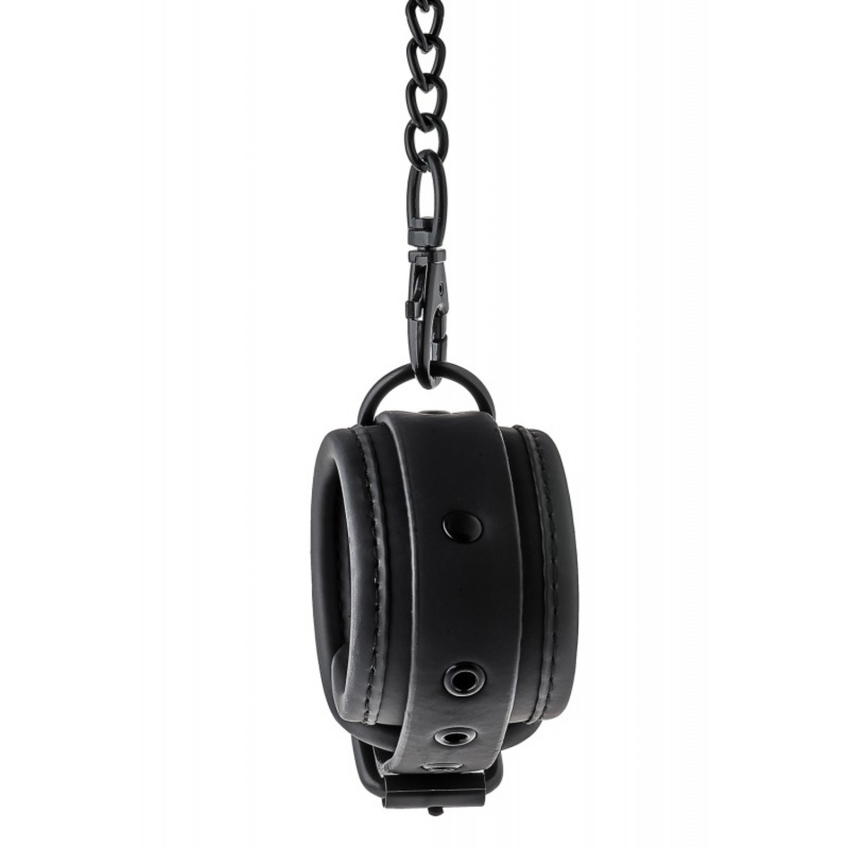A single black, Blaze Luxury Fetish Hand Cuff hanging from a chain and clasp, viewed from the side.