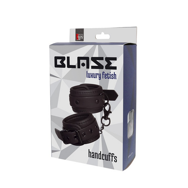 Black product packaging for Blaze Luxury Fetish Handcuffs, featuring an image of the cuffs.
