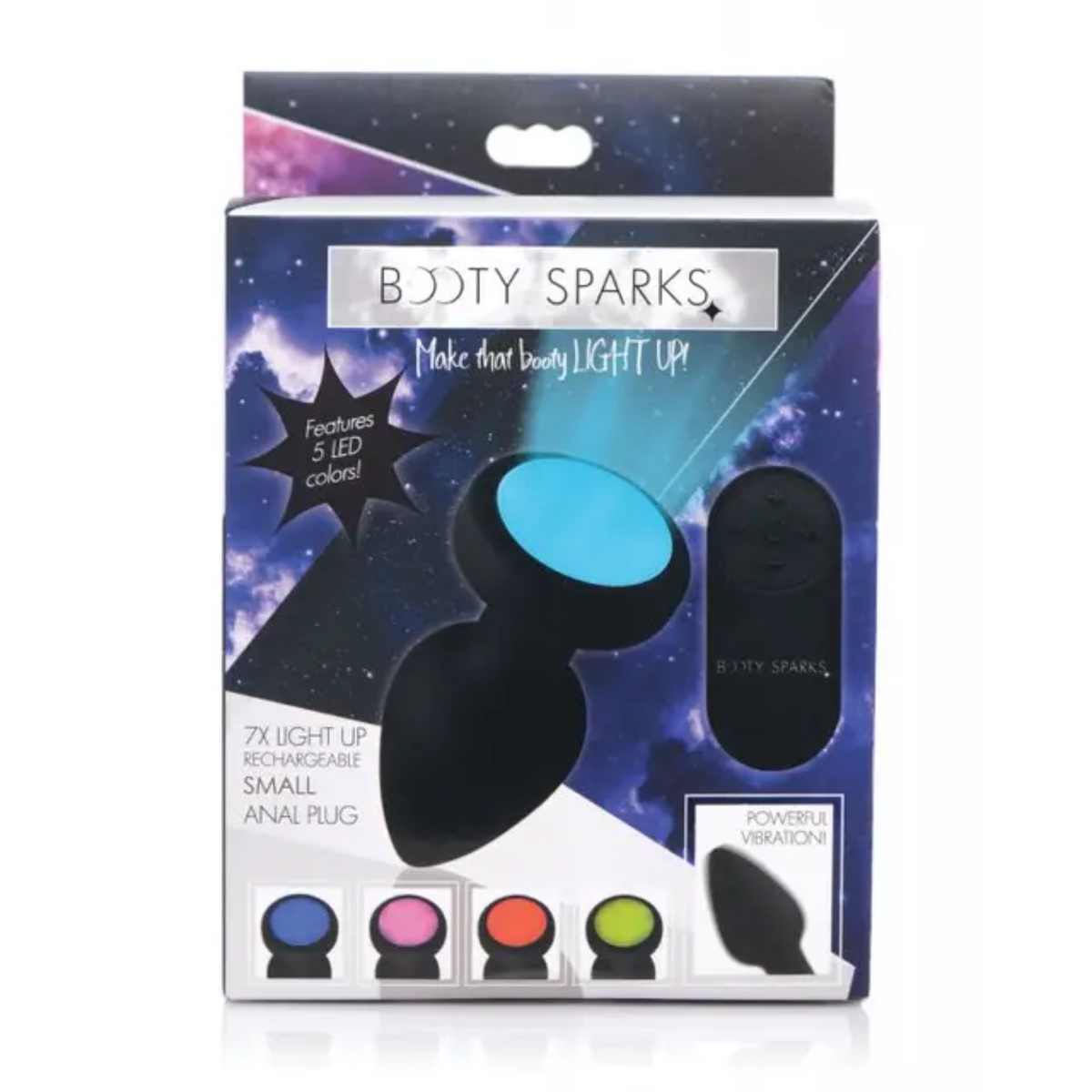 Retail box packaging view for the Booty Sparks 7x Light Up Rechargeable Small Anal Plug featuring galaxy-themed graphics, remote control callout, and 5 LED color option previews. Main image