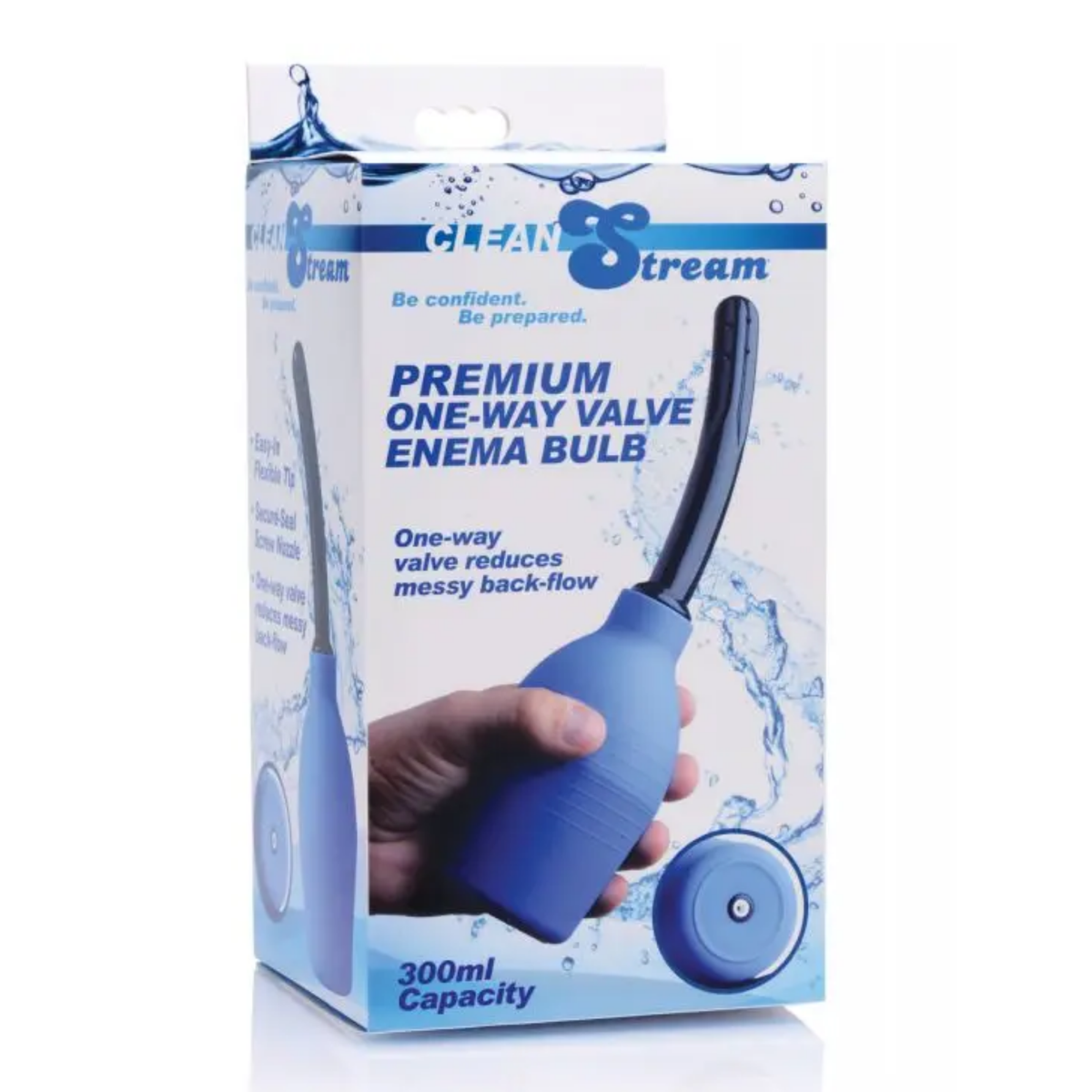 Front packaging shot showing the retail box for the CleanStream Premium One-Way Valve Enema Bulb highlighting its 300ml capacity and anti-backflow feature. Main image