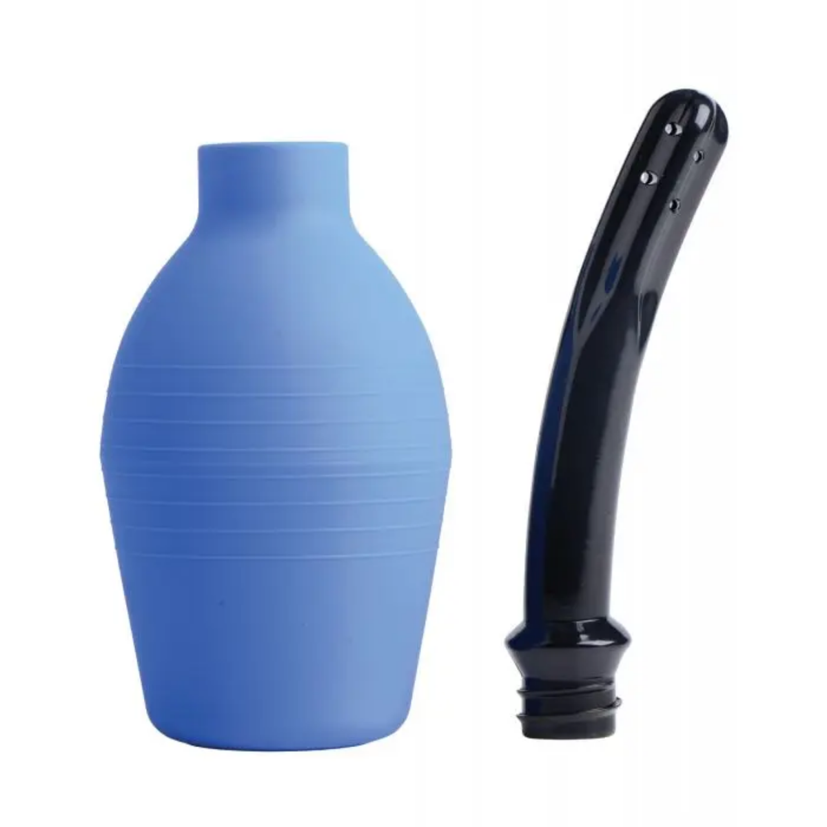 Isolated product view showing the blue silicone squeeze bulb detached from its screw-on black curved nozzle.
