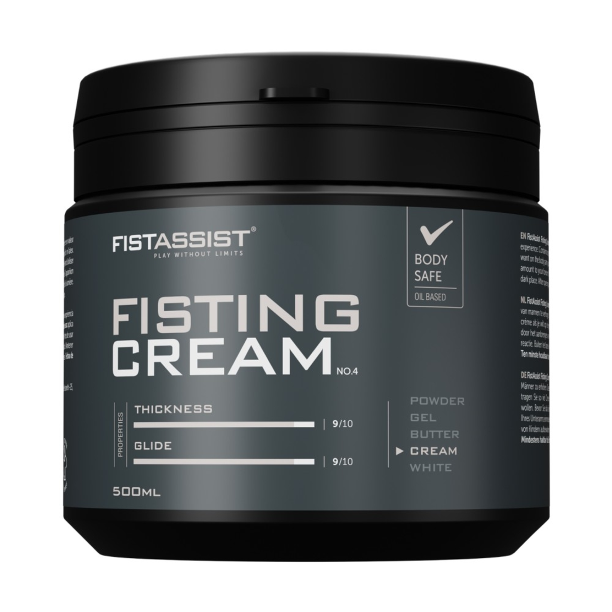 Front studio shot of the 500 ml FistAssist Fisting Cream No. 4 tub against a dark background, showcasing its oil-based formula label with equal 9/10 ratings for thickness and glide. Main image