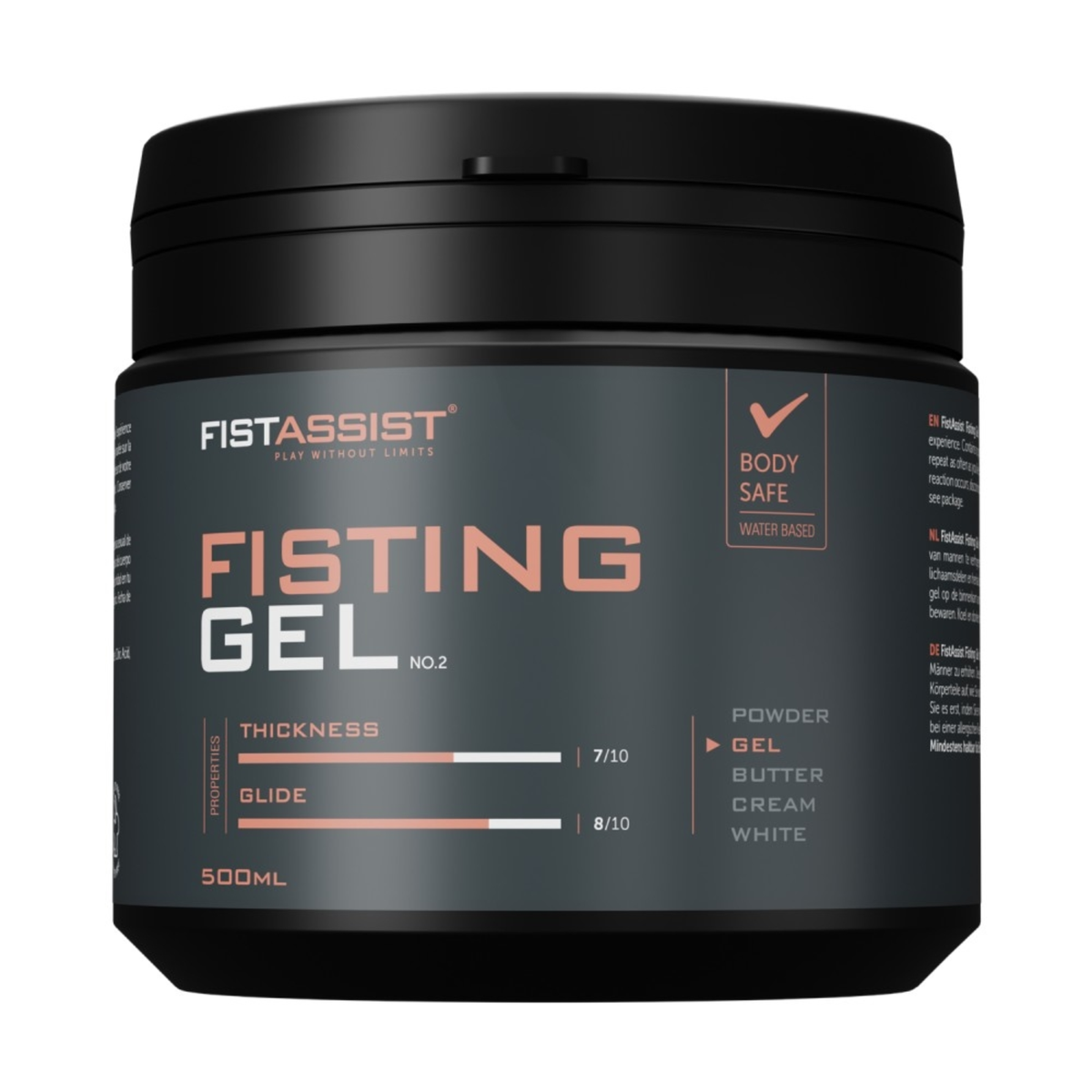 Front studio shot of the 500 ml FistAssist Fisting Gel No. 2 tub against a white background, featuring coral and white text detailing product ratings for thickness (7/10) and glide (8/10). Main image