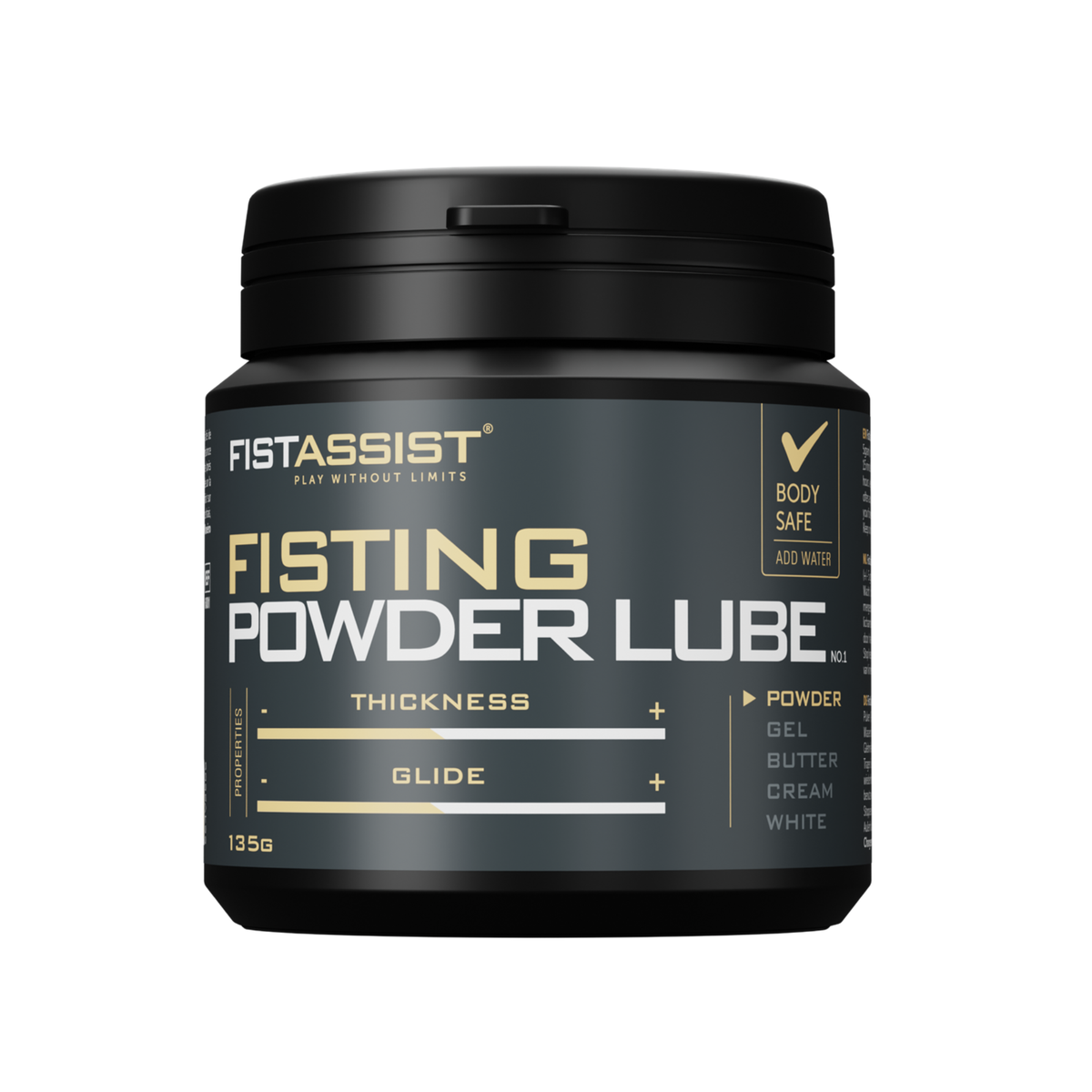 Front studio product shot of the black 135 g FistAssist Fisting Powder Lube tub featuring gold and white typography with thickness and glide rating scales. Main image