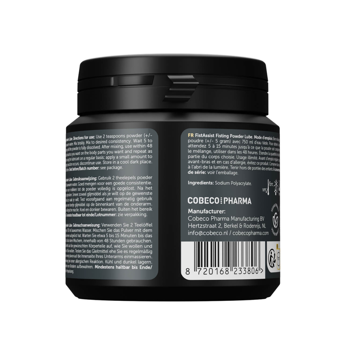 Back label view of the black 135 g jar showing multi-language usage instructions, ingredient list (Sodium Polyacrylate), barcode, and manufacturer info for Cobeco Pharma.