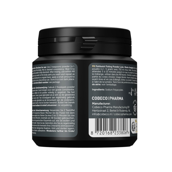Back label view of the black 135 g jar showing multi-language usage instructions, ingredient list (Sodium Polyacrylate), barcode, and manufacturer info for Cobeco Pharma.