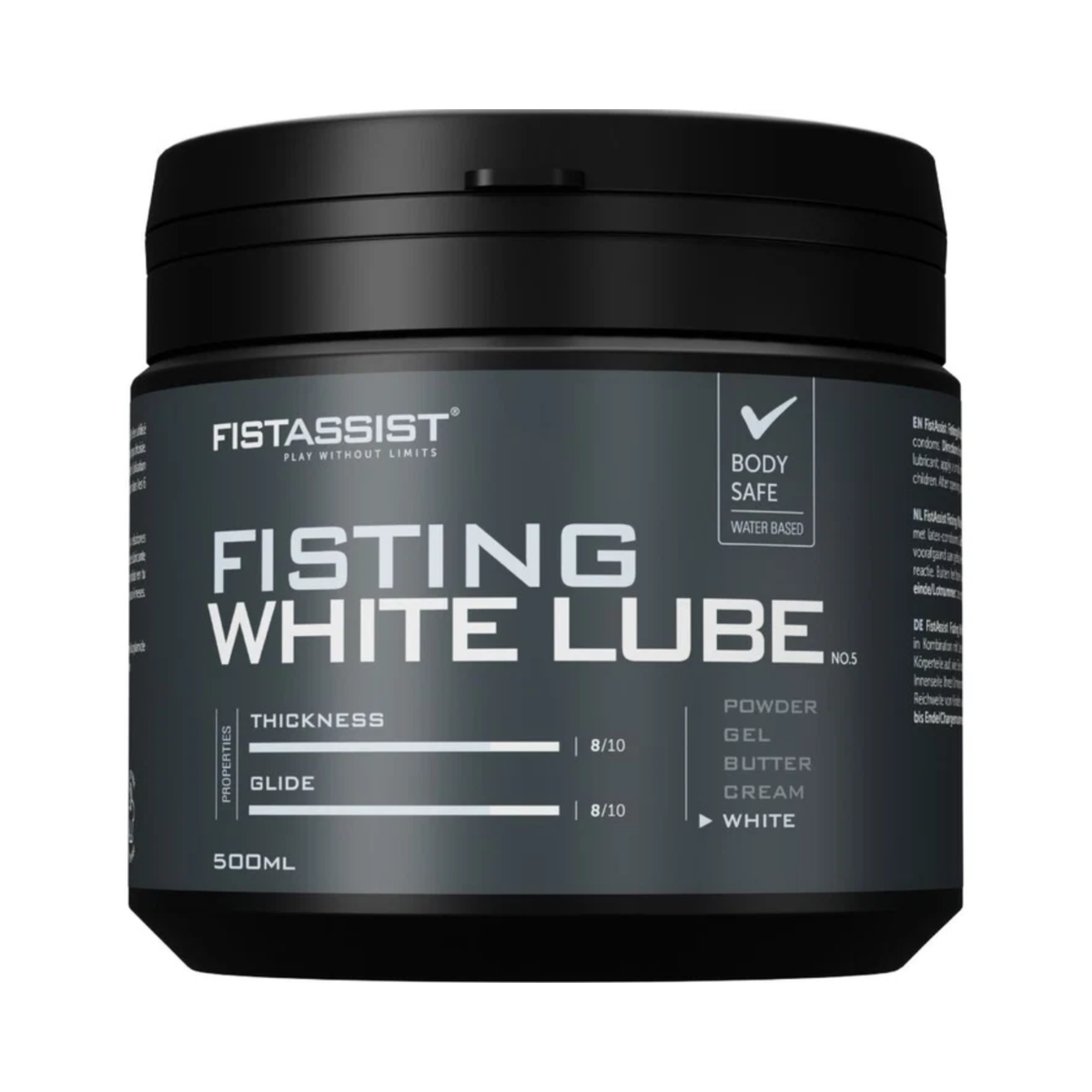 Front studio shot of the 500 ml FistAssist Fisting White Lube No. 5 tub against a dark background, featuring light blue and white text detailing equal 8/10 ratings for both thickness and glide. Main image