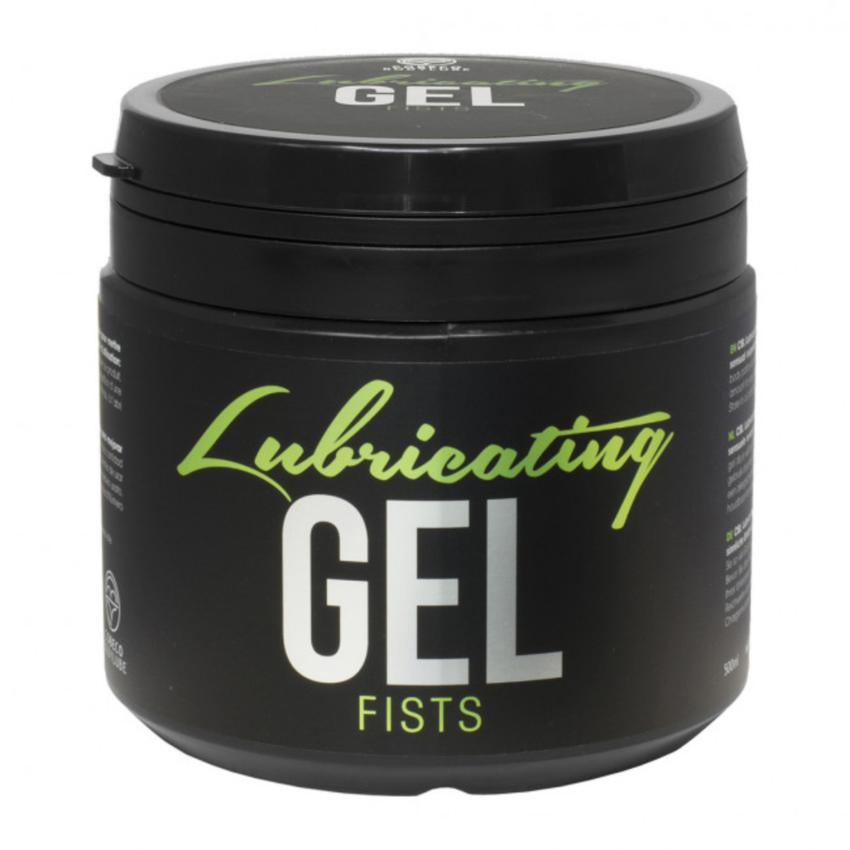 Studio product shot of a black 500 ml / 17 fl oz tub of Cobeco Lubricating Gel Fists against a white background, featuring green script lettering for "Lubricating" above bold white text for "GEL" and green text for "FISTS".