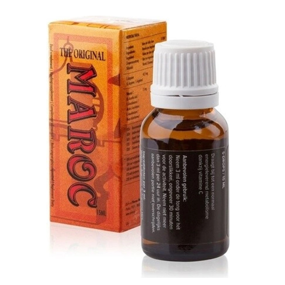 Studio packaging shot showing the 15 ml amber glass dropper bottle of Cobeco The Original Maroc Spanish Fly standing in front of its gold and red box. Main image