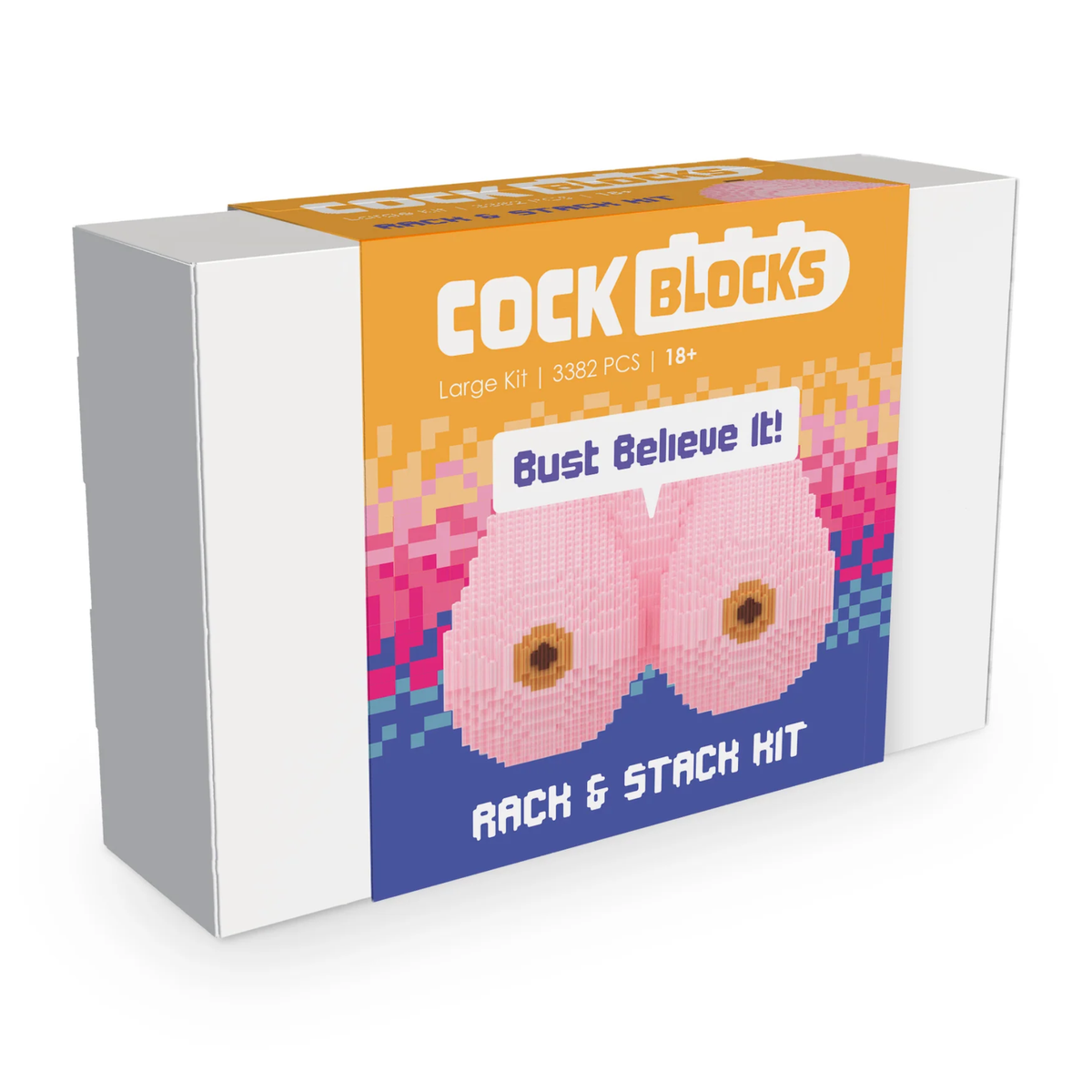 Front packaging box view of the Cock Blocks Rack & Stack Kit, featuring colorful pixel art graphics and the slogan "Bust Believe It!" Main image
