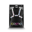 Front packaging perspective view of the Cosmo Harness Rogue box, featuring an iridescent chest harness over a black long-sleeve top with colorful "cosmo ROGUE" branding at the bottom and a "L/XL" size label at the top.
