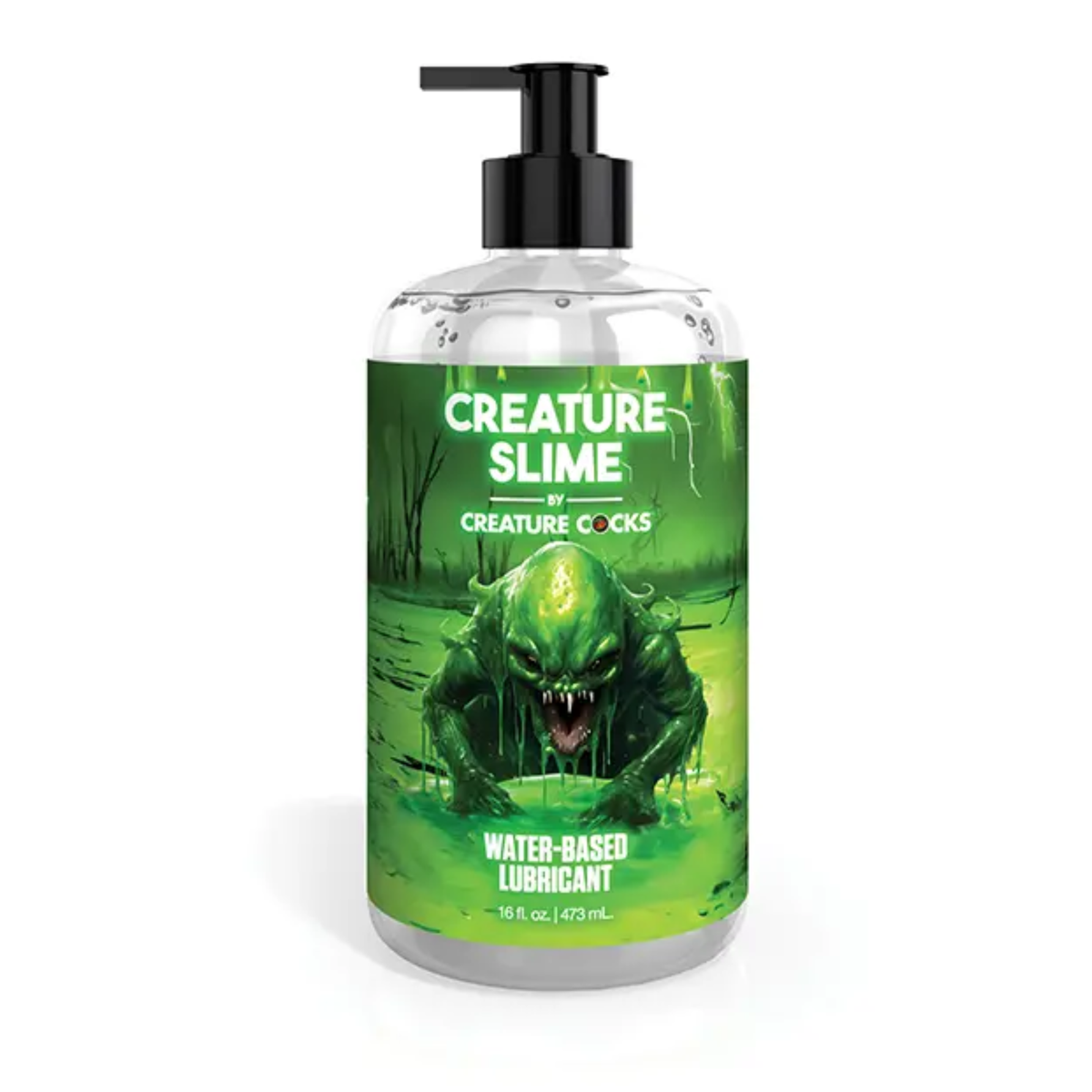 Front studio view of the 16 fl oz (473 ml) clear pump bottle of Creature Cocks Creature Slime Water-Based Lubricant, featuring swamp monster artwork on a green label. Main image