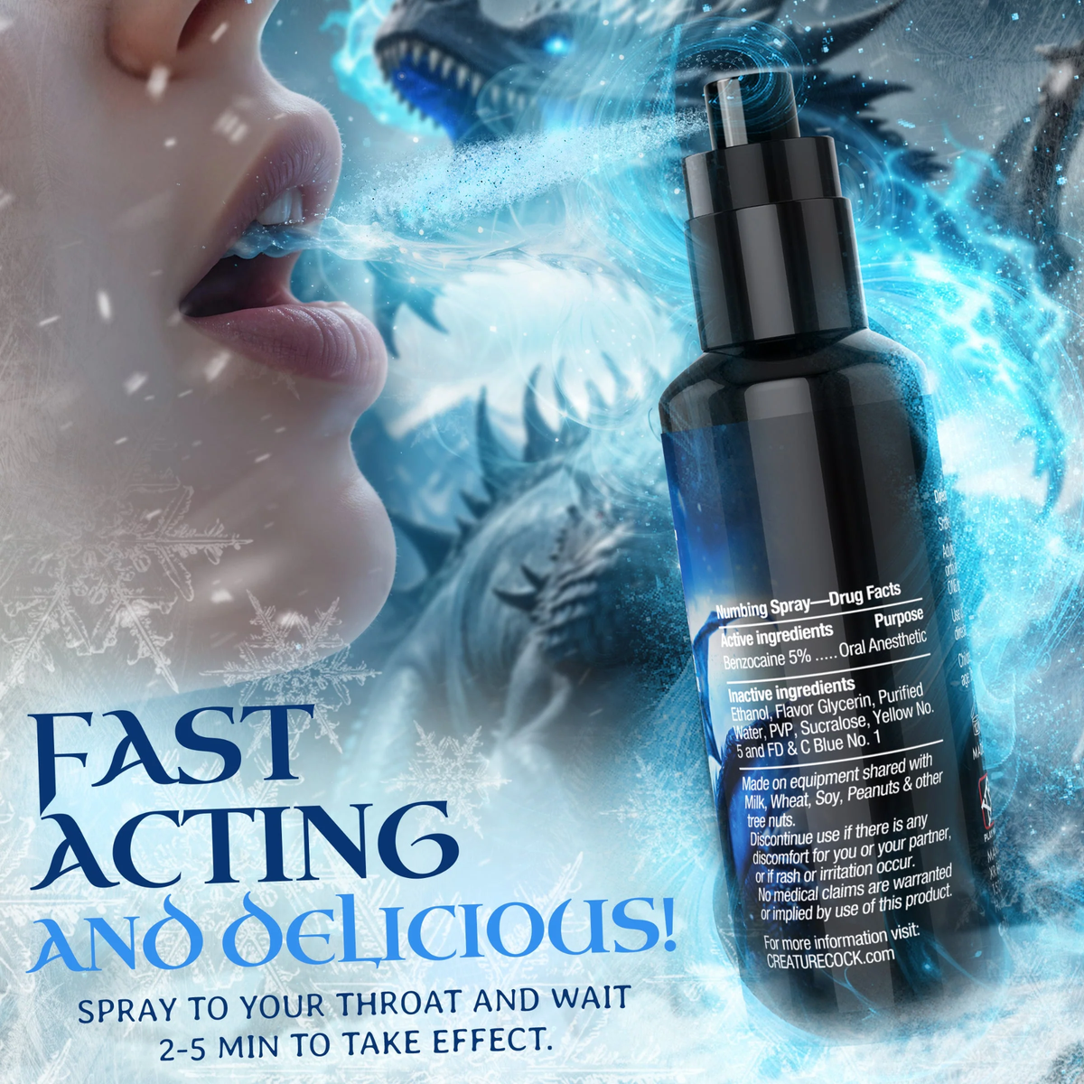 Informational graphic titled "Fast Acting and Delicious!" showing spray mist heading toward an open mouth, with a rear view of the bottle label detailing Drug Facts (5% Benzocaine active ingredient) and directions to wait 2–5 minutes for effect.