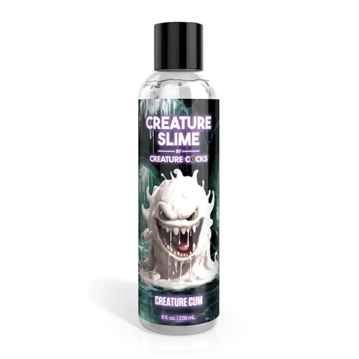 Front studio view of the 8 fl oz (236 ml) clear squeeze bottle of Creature Slime Creature Cum Unscented Jizz Lubricant, featuring a white slime monster illustration on a dark label with a black cap. Main image