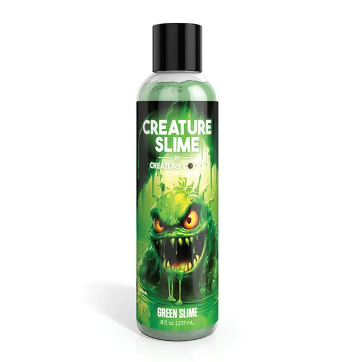 Front studio view of the 8 fl oz (237 ml) clear squeeze bottle of Creature Slime Green Slime Water-Based Lubricant, featuring a green swamp monster illustration and a black cap. Main image