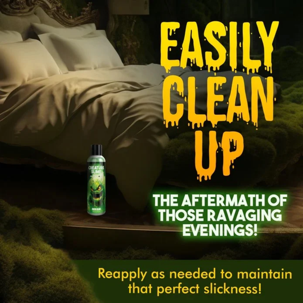 Promotional lifestyle graphic titled "Easily Clean Up" featuring the 8 fl oz bottle in a dimly lit bedroom setting alongside text reading "The aftermath of those ravaging evenings!"