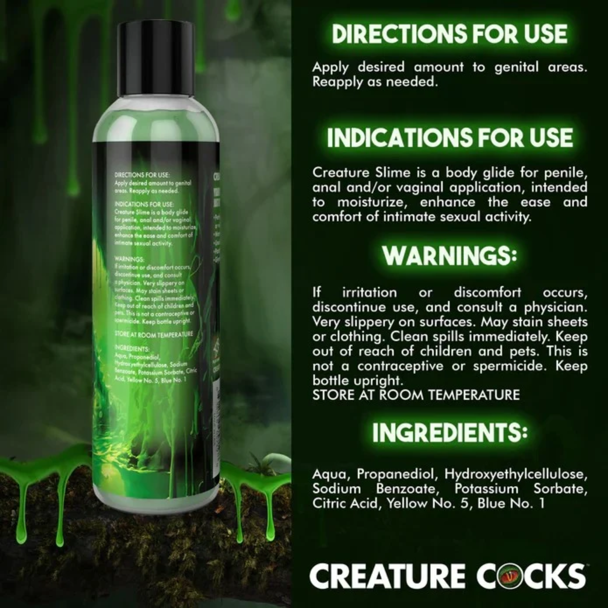 Back label packaging graphic displaying directions for use, indications, warnings, and full ingredients list alongside a bottle of Green Slime Lubricant.