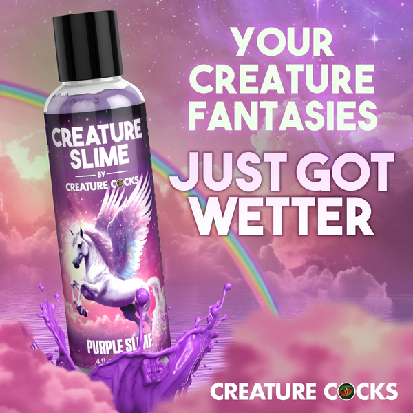 Marketing banner titled "Your Creature Fantasies Just Got Wetter" showing the 4 fl oz bottle splashing into purple liquid under a rainbow and starry sky.