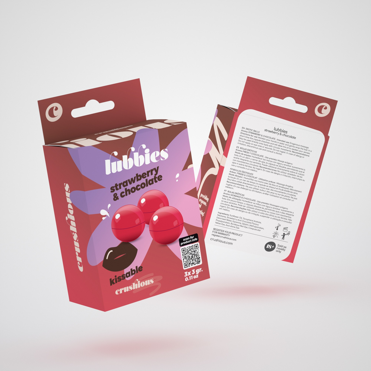 Product packaging shot showing the front and back of the pink and brown Crushious Lubbies Strawberry & Chocolate Oil Balls box containing three 3 g bath/massage spheres, featuring multi-language instructions and ingredient information on the reverse side. Main image