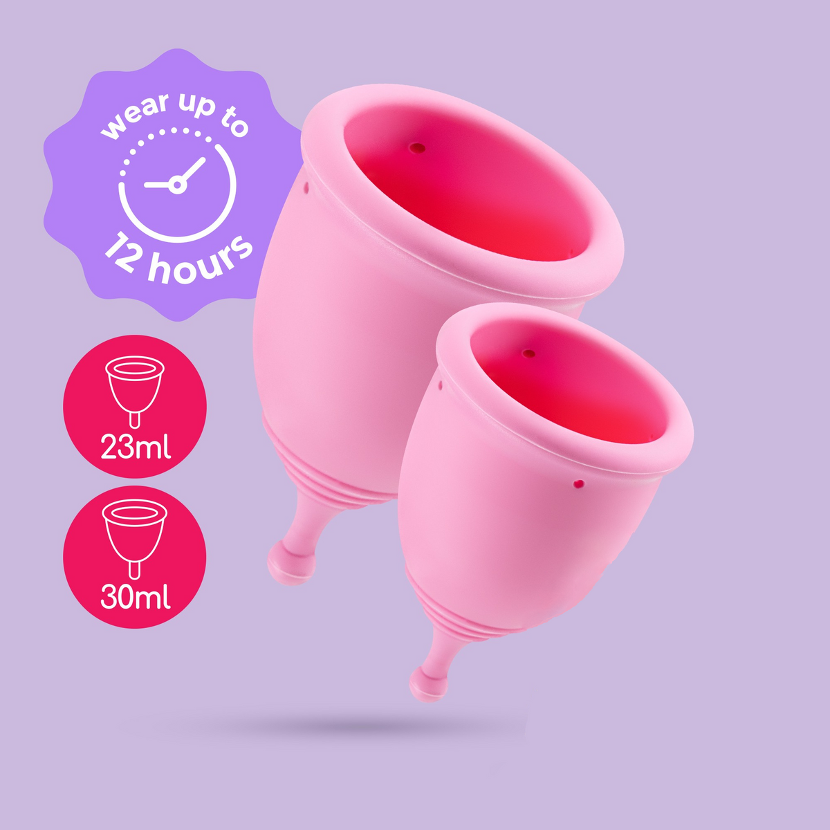 Two pink Crushious Minerva Reusable Menstrual Cups(23ml and 30ml) with text "wear up to 12 hours." Main image