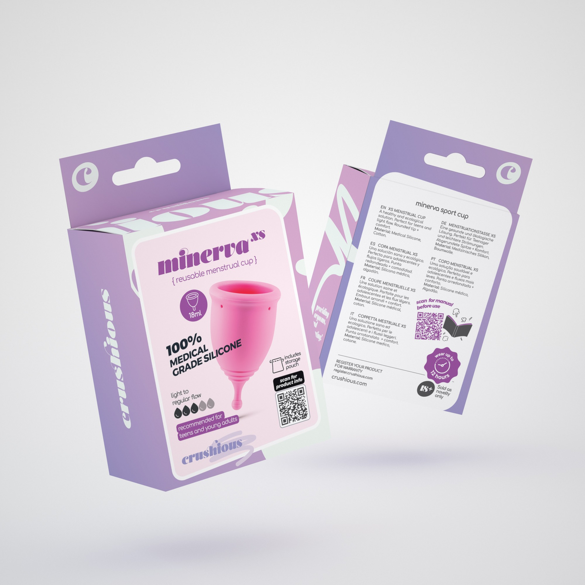 Minerva XS Menstrual Cup Box packaging, showing the cup, 100% Medical Grade Silicone and its recommendation for teens and young adults.