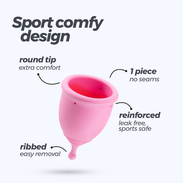 Diagram highlighting the "Sport comfy design" features of the cup: round tip, 1 piece (no seams), reinforced (leak free/sports safe), and ribbed (easy removal).