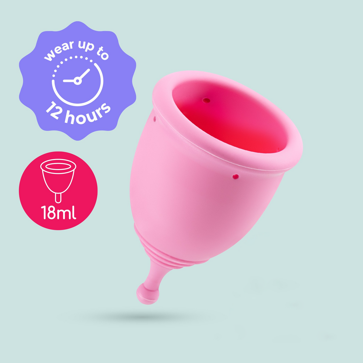 Crushious Minerva XS Menstrual Cup in pink, showing key features: 12 hours wear and 18ml capacity graphics. Main image