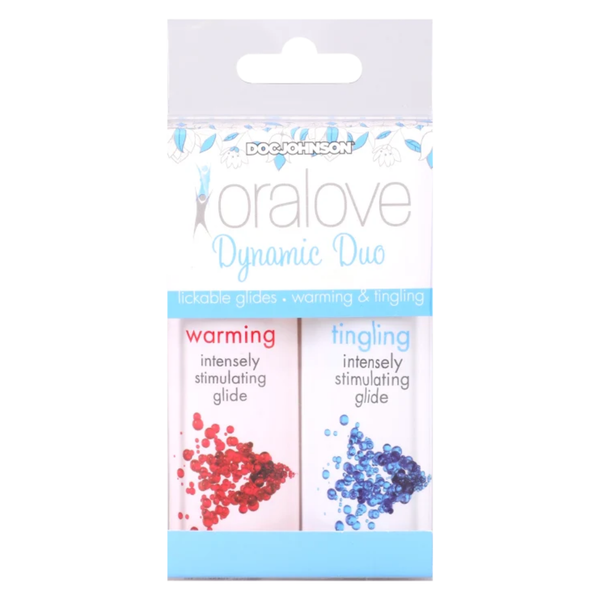 Front packaging view of the Doc Johnson Oralove Dynamic Duo set, showing the clear hanging display box showcasing both the Warming (red accent) and Tingling (blue accent) 1 oz bottles