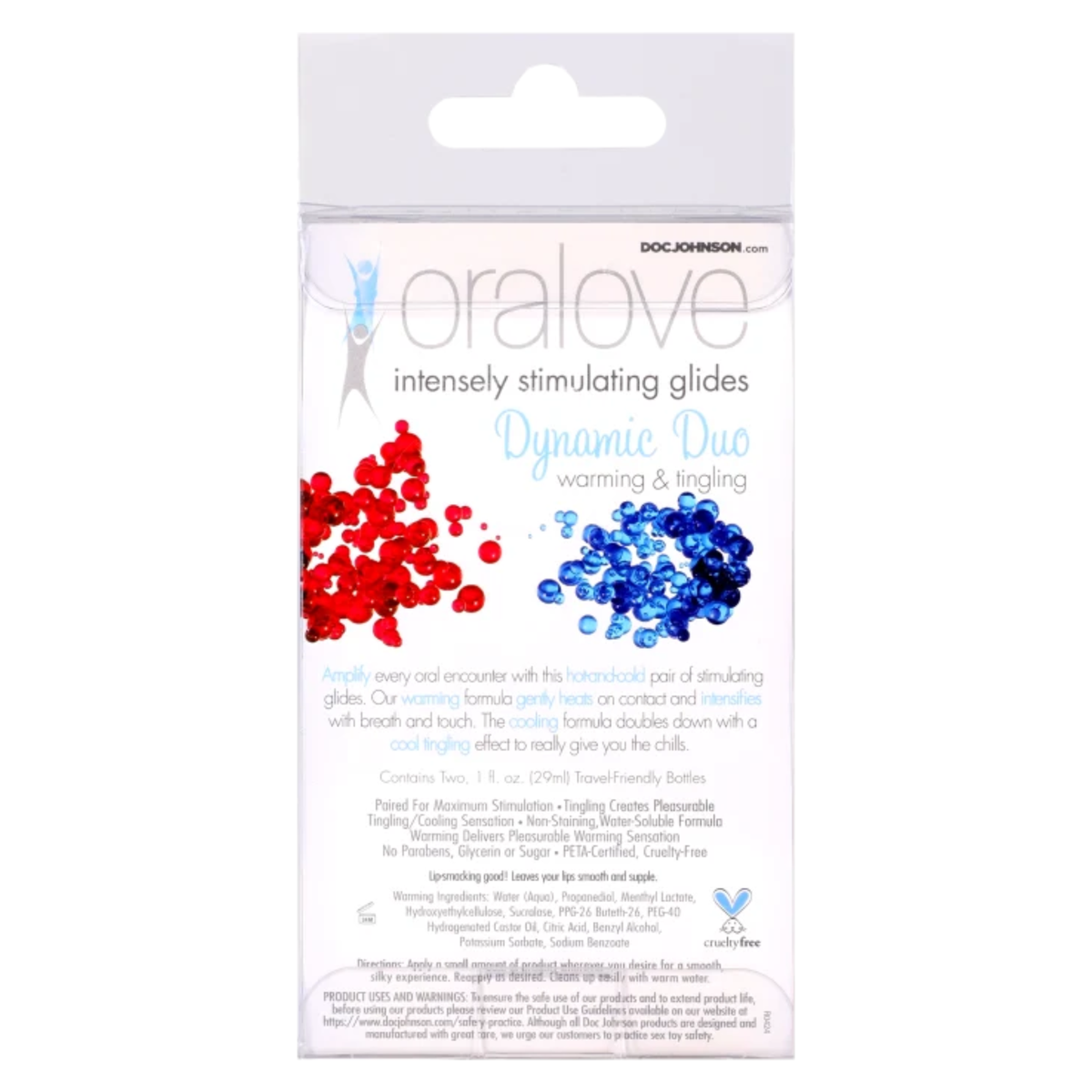 Back of the retail packaging card displaying product descriptions for both hot and cold stimulating glides, feature highlights, ingredients, directions, and PETA-certified cruelty-free branding.