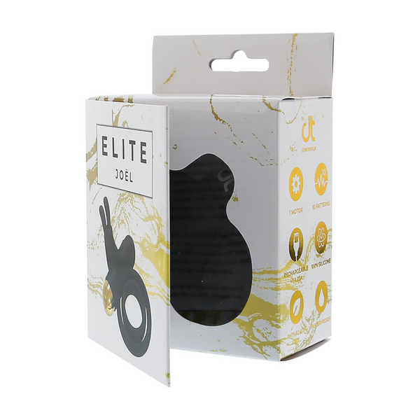 Partially open product packaging for the Elite Joël vibrating ring, showing a silhouette of the product inside.
