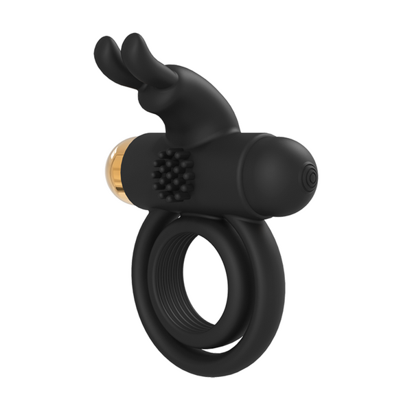 Black vibrating cock ring with two rabbit-ear-like stimulators, a textured pad, and a gold accent.